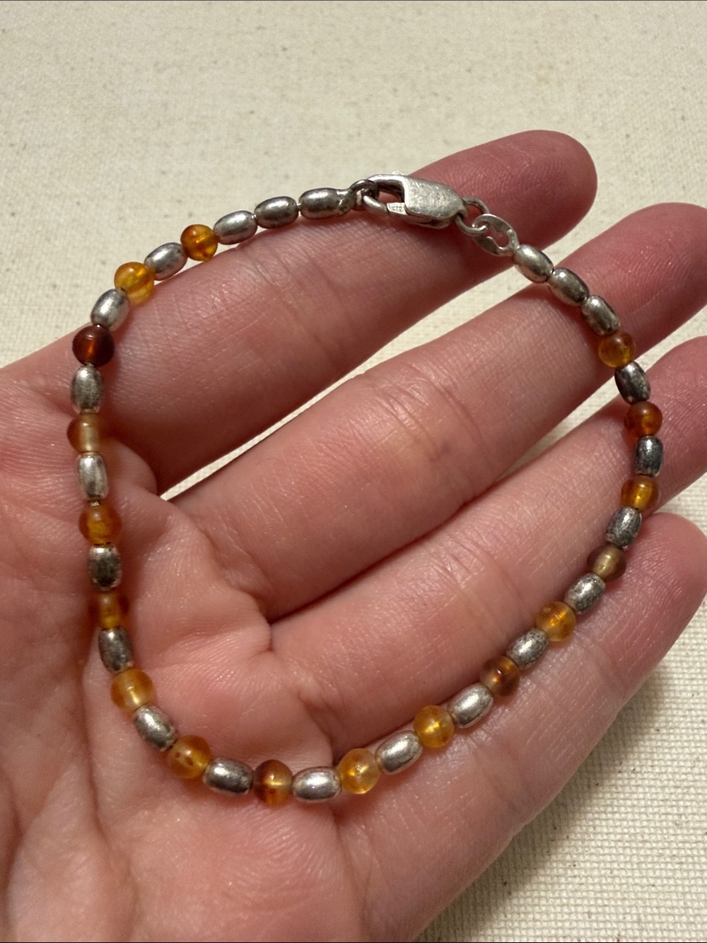 Sterling Silver 925 Amber Bead & Silver Bracelet 7’ in